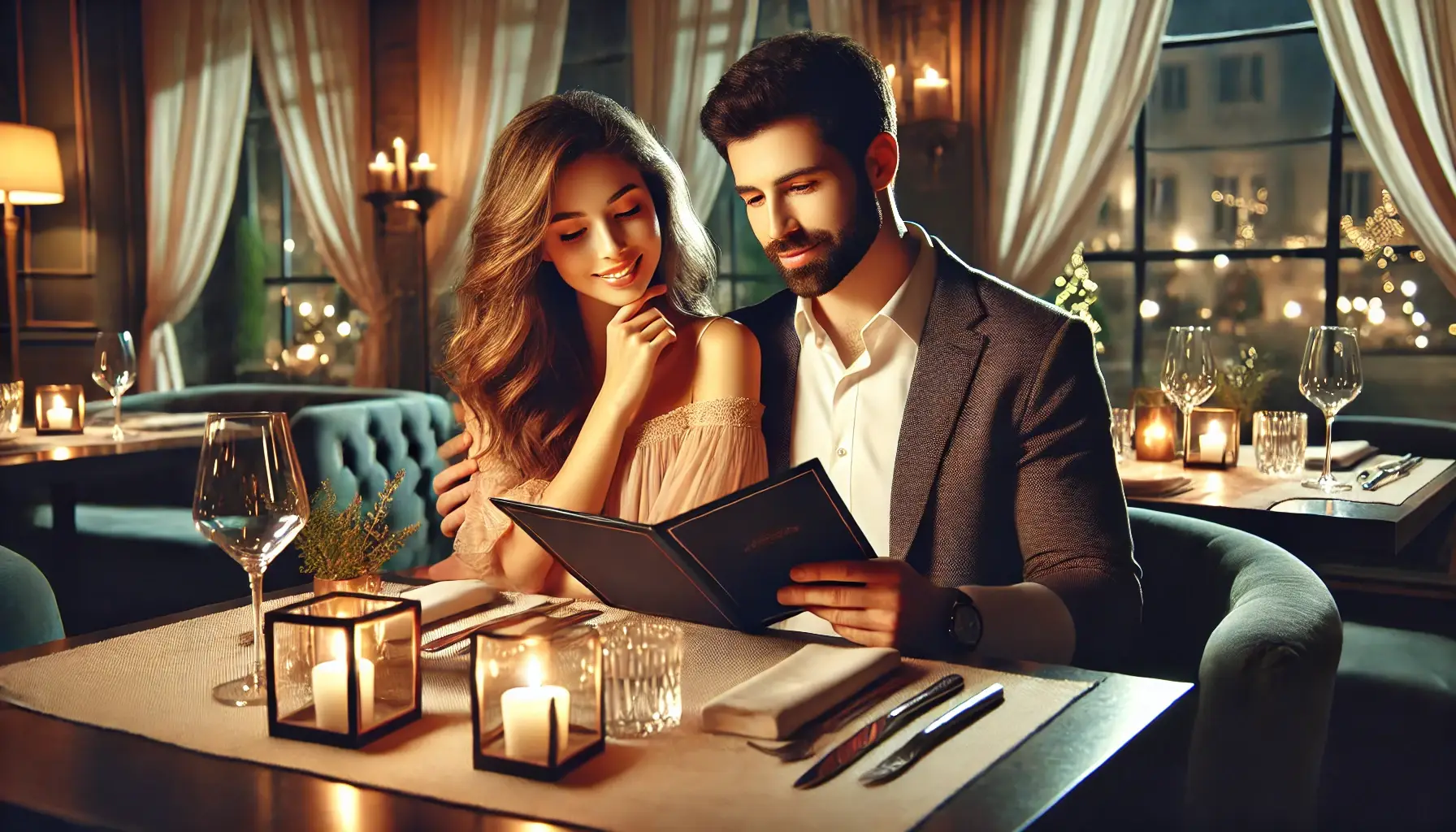 DALL·E 2024-08-20 15.12.06 – A romantic scene of a couple at a restaurant dinner. The setting is cozy and intimate, with soft, warm lighting. The couple is seated at a candlelit t